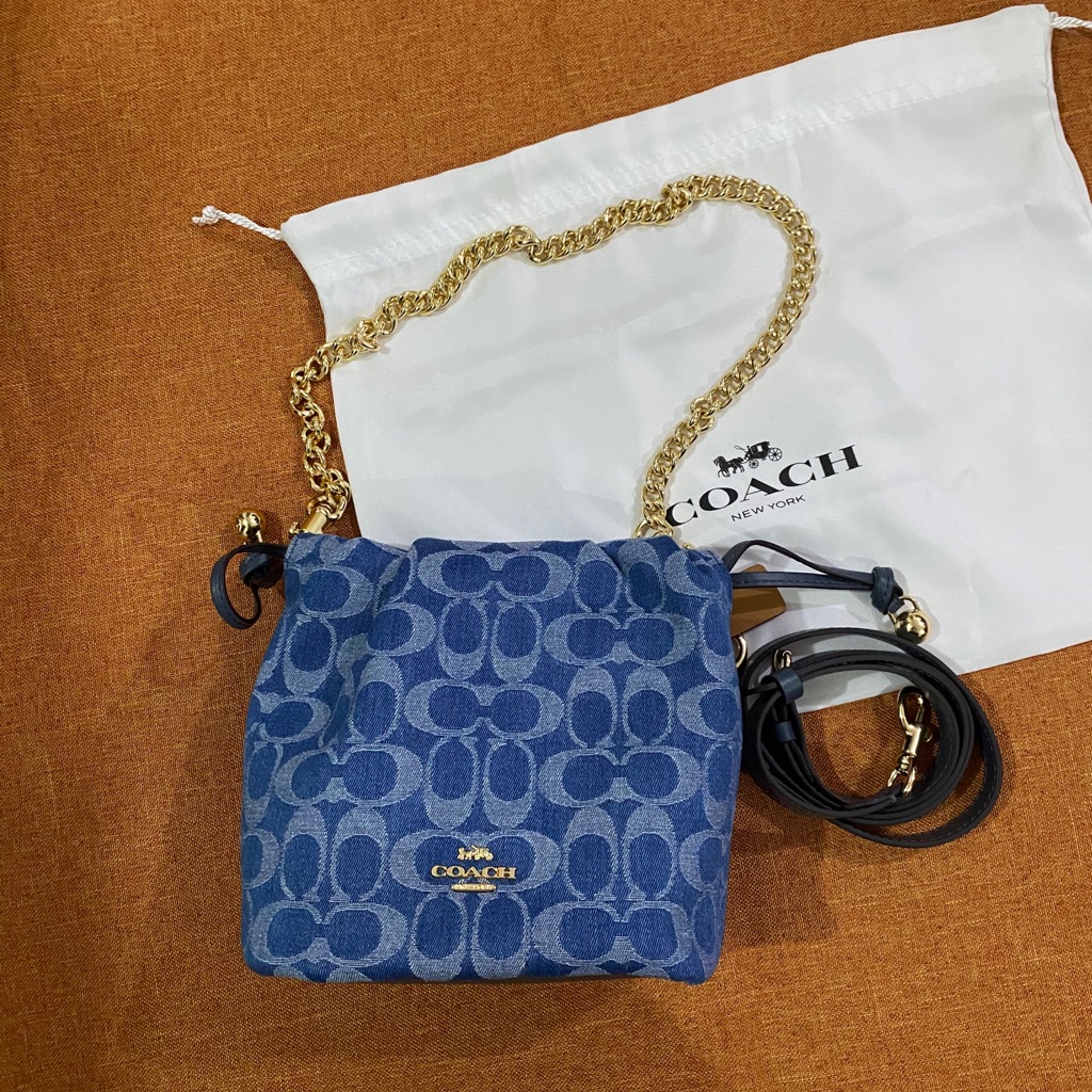 Coach Blue Signature Denim Mini Shoulder Bag With Gold Chain